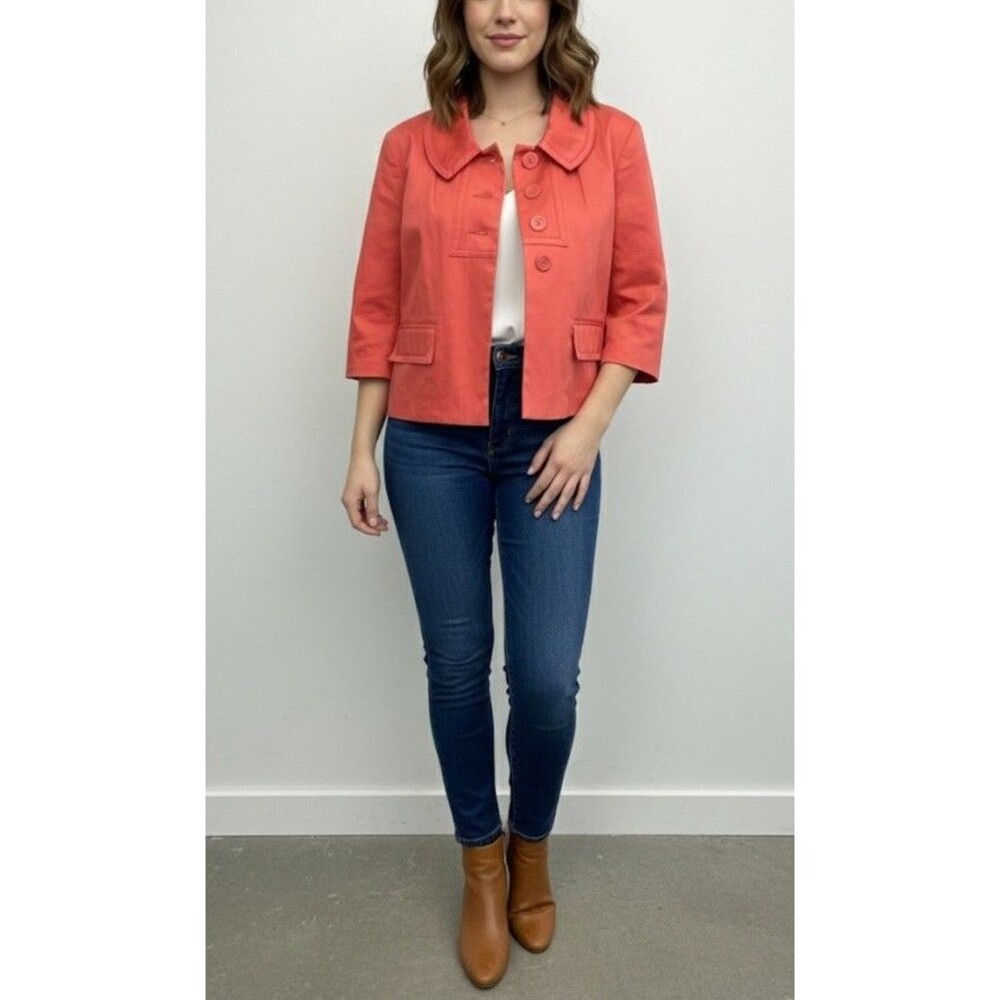 Worthington Stretch Women XL Orange Coral Cropped Blazer Jacket 3/4 Sleeve Lined